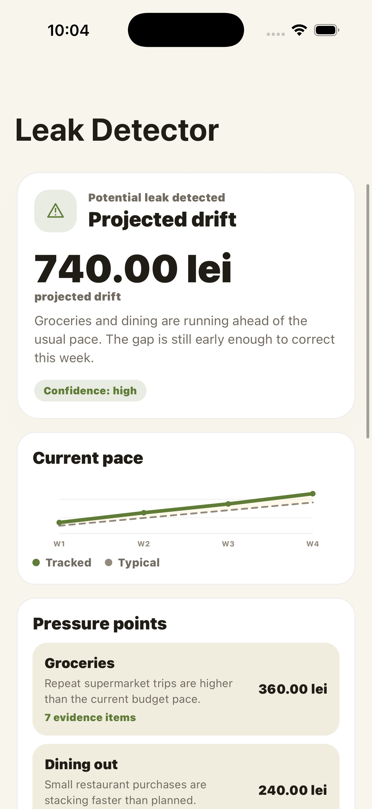 Budget Leak Detector screen showing projected drift, current pace, and spending pressure points