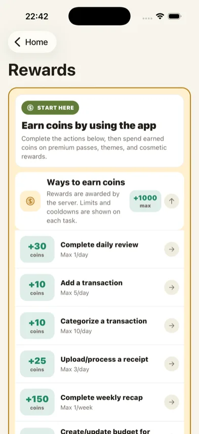 Captain Coins earn screen showing ways to collect coins