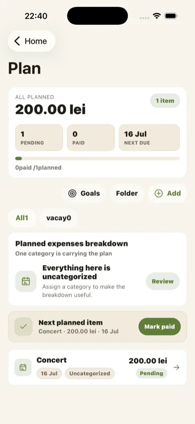 Plan screen showing planned expenses