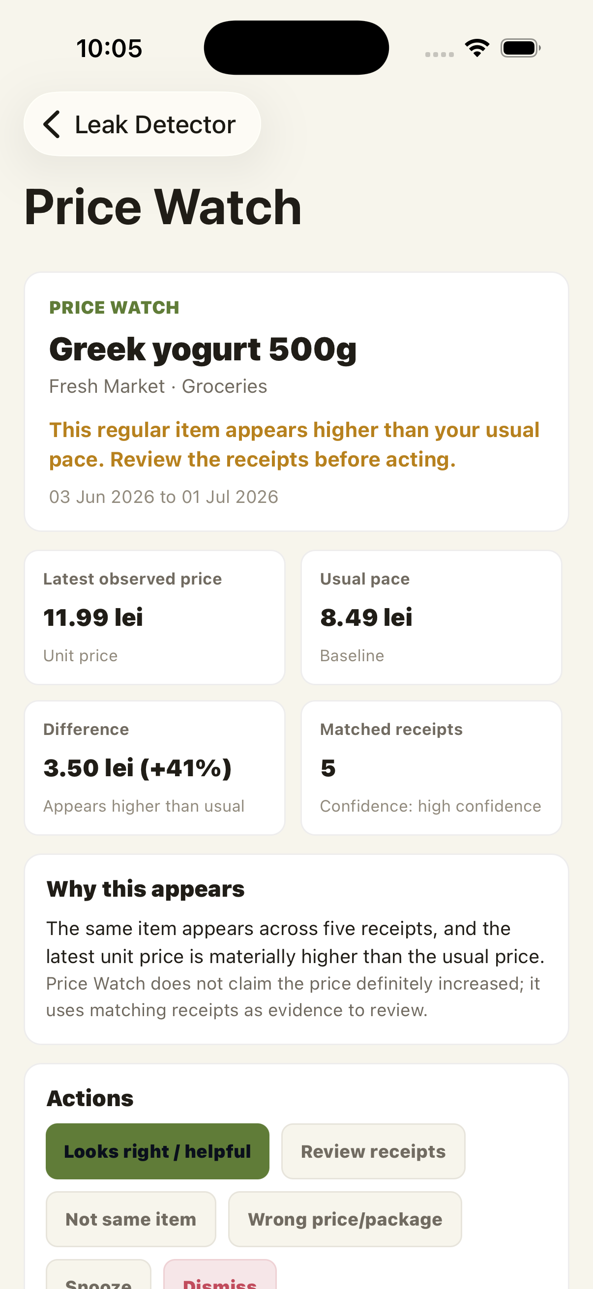 Price Watch screen showing a recurring item price signal with matched receipt evidence actions