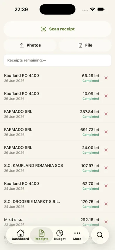 Receipts screen showing completed receipt imports